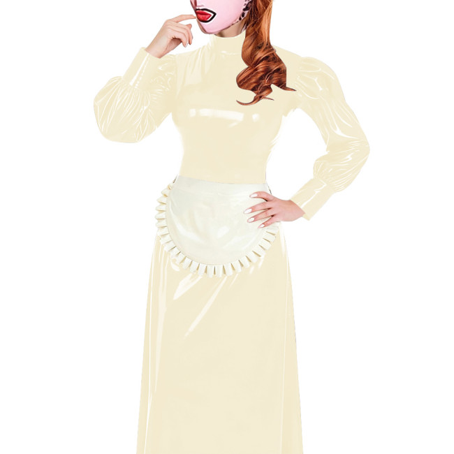 Elegant Long Maid Dress with Apron High Neck Long Sleeve PVC Shiny Leather Maid Dresses Cosplay Sissy Servants Wetlook Uniforms
