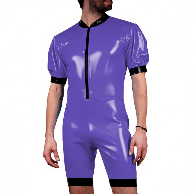 Mens Plus Size Wetlook Shorts Bodysuit PVC Shiny Leather Puff Short Sleeves Rompers Club Underwear Tight Catsuit Male Lingerie