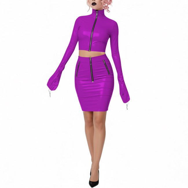 Shiny PVC Leather Club 2-Piece Set High Neck Full Sleeve Crop Top with Bodycon Pencil Skirt Novelty Chic Dress Outfits for Party