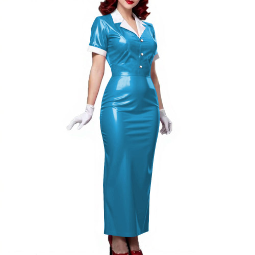 Plus Size Women Shiny Patent Leather Long Dresses Short Sleeve Turn-down Collar Ladies Slim Dress Button-up PVC Pencil Dress