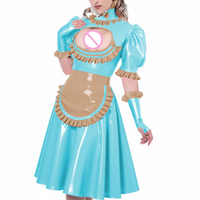 Sexy Hollow Vinyl PVC Leather Maid Dress High Neck Ruffles Trims Puff Sleeve A-Line Dress with Gloves Apron Naughty Maid Uniform