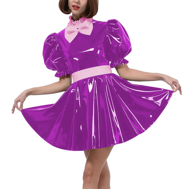 Sweet Bow Lolita Pleated Mini Dress Women Puff Sleeves Maid Cosplay Costume PVC Patent Leather Party Dress Outfit Crossdressring
