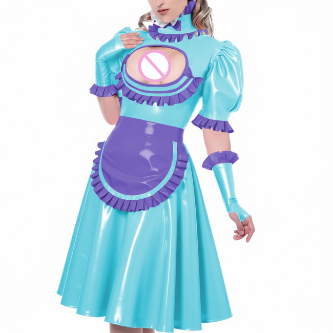 Sexy Hollow Vinyl PVC Leather Maid Dress High Neck Ruffles Trims Puff Sleeve A-Line Dress with Gloves Apron Naughty Maid Uniform