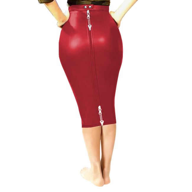 High Street Sexy High Waist Bodycon Skirt Lockable Women Slim-fit Solid Color Knee-length PU Matte Leather Skirt Sissy Clubwear