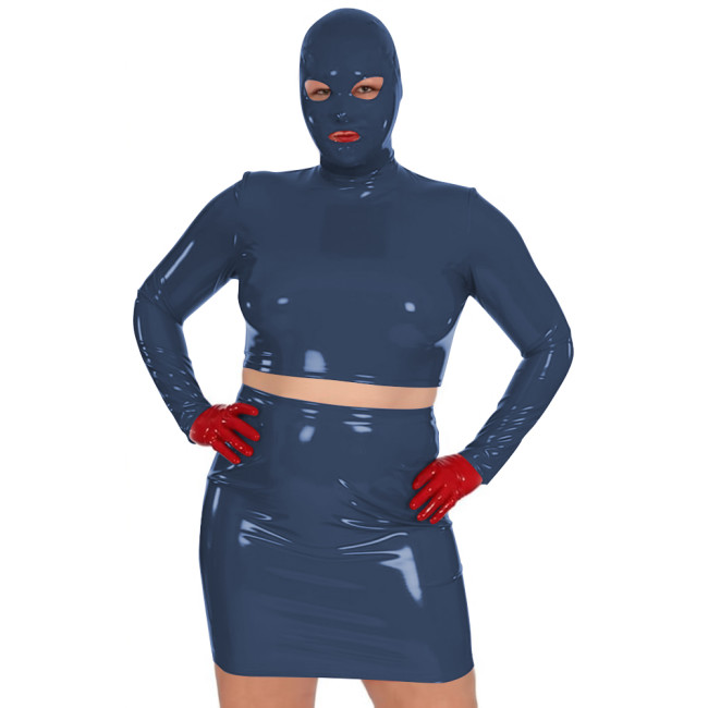 Novelty Women Glossy PVC Leather Masked Top Mini Skirt Club Cosplay 2Pc Sets Sexy Long Sleeve Crop Tops with High Waisted Skirts