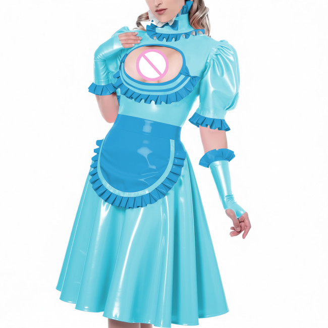 Sexy Hollow Vinyl PVC Leather Maid Dress High Neck Ruffles Trims Puff Sleeve A-Line Dress with Gloves Apron Naughty Maid Uniform
