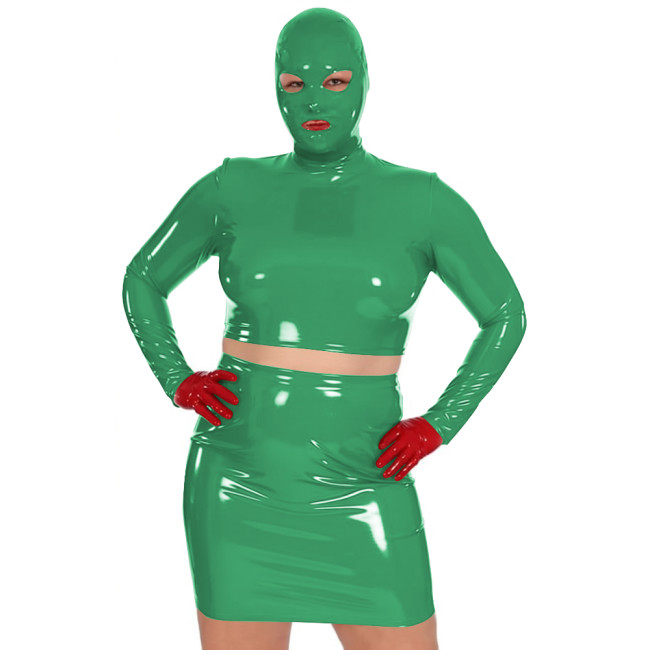 Novelty Women Glossy PVC Leather Masked Top Mini Skirt Club Cosplay 2Pc Sets Sexy Long Sleeve Crop Tops with High Waisted Skirts