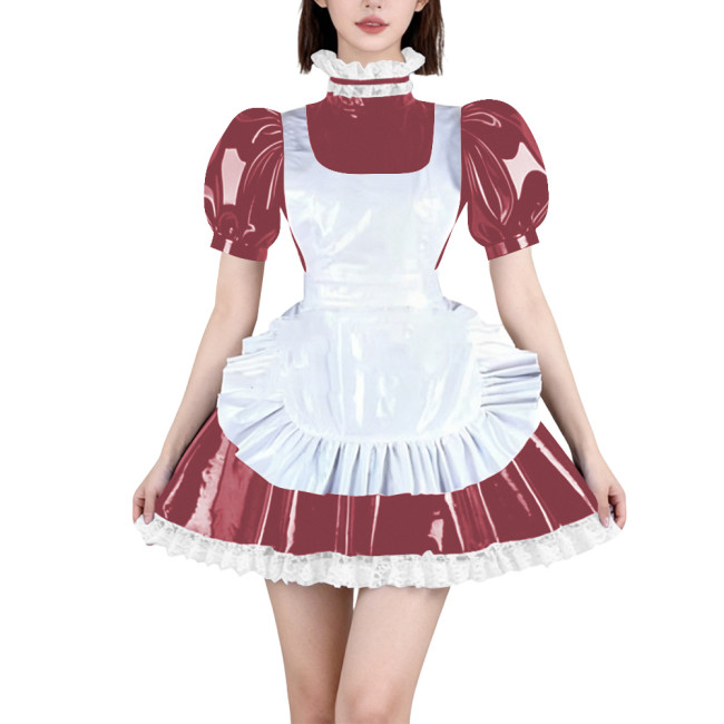 Womens French Maid Cosplay Mini Dress Puff Short Sleeve High Neck Lace Trim Dress with Apron Halloween Carnival Party Costume