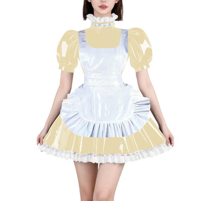 Womens French Maid Cosplay Mini Dress Puff Short Sleeve High Neck Lace Trim Dress with Apron Halloween Carnival Party Costume