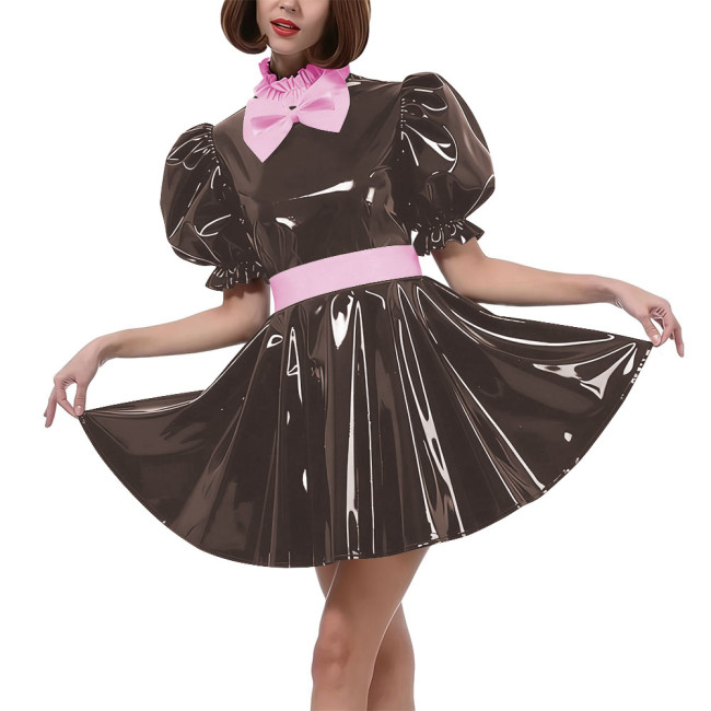 Sweet Bow Lolita Pleated Mini Dress Women Puff Sleeves Maid Cosplay Costume PVC Patent Leather Party Dress Outfit Crossdressring