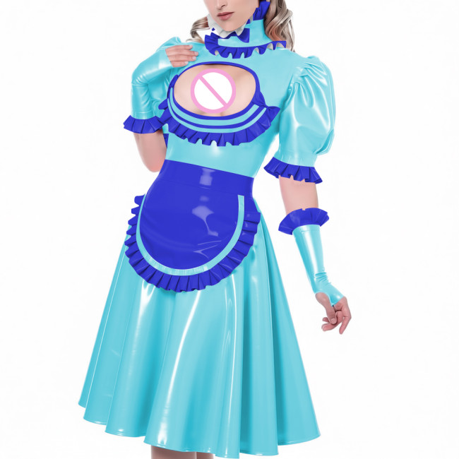 Sexy Hollow Vinyl PVC Leather Maid Dress High Neck Ruffles Trims Puff Sleeve A-Line Dress with Gloves Apron Naughty Maid Uniform