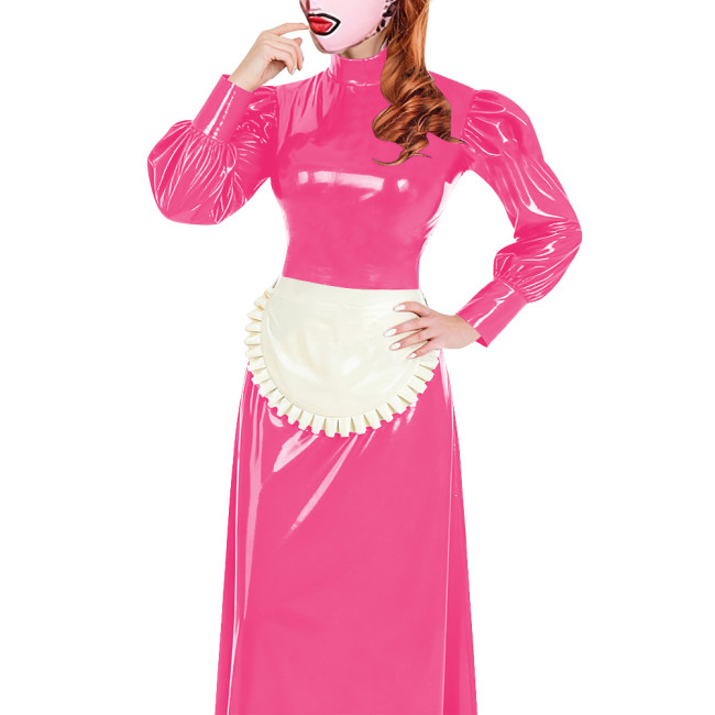 Elegant Long Maid Dress with Apron High Neck Long Sleeve PVC Shiny Leather Maid Dresses Cosplay Sissy Servants Wetlook Uniforms
