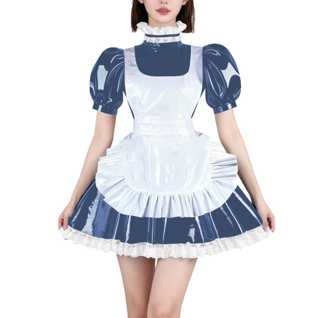 Womens French Maid Cosplay Mini Dress Puff Short Sleeve High Neck Lace Trim Dress with Apron Halloween Carnival Party Costume
