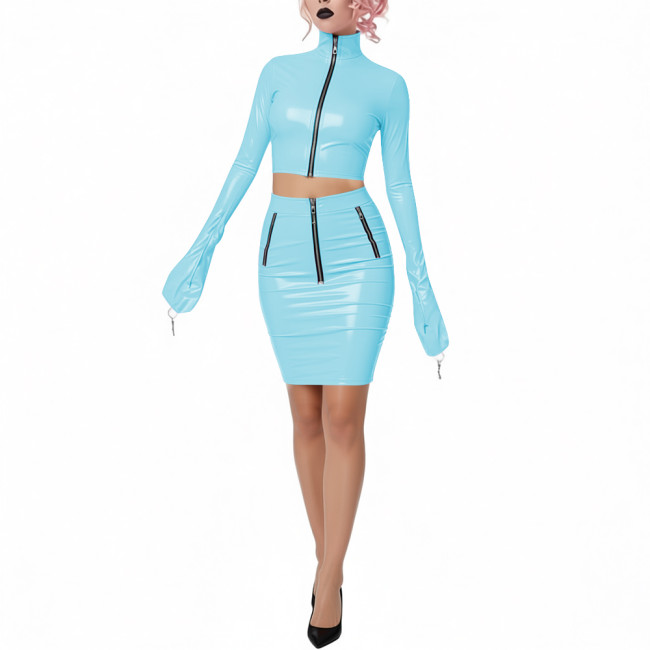 Shiny PVC Leather Club 2-Piece Set High Neck Full Sleeve Crop Top with Bodycon Pencil Skirt Novelty Chic Dress Outfits for Party