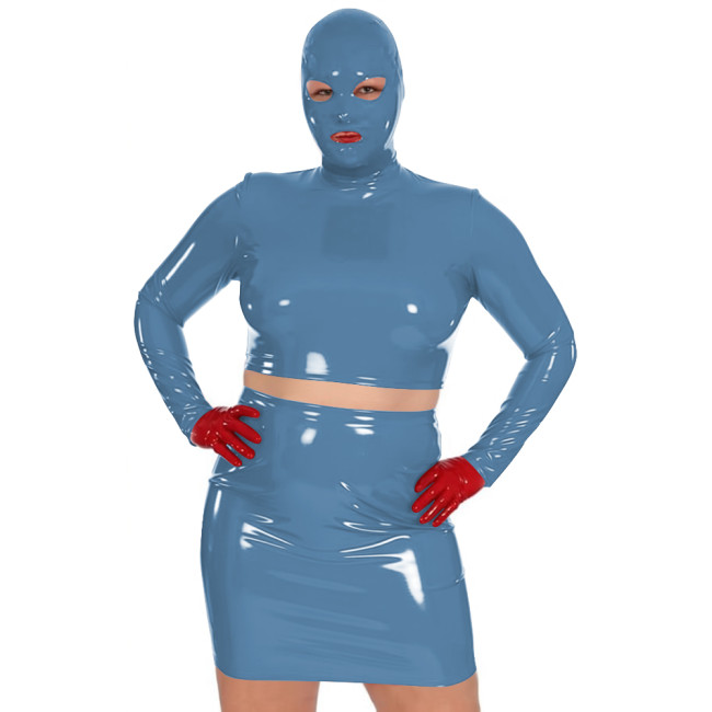 Novelty Women Glossy PVC Leather Masked Top Mini Skirt Club Cosplay 2Pc Sets Sexy Long Sleeve Crop Tops with High Waisted Skirts