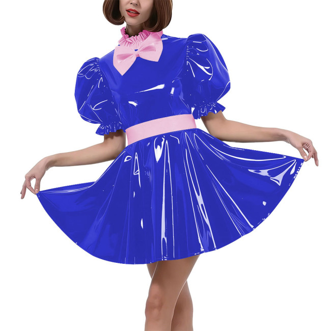 Sweet Bow Lolita Pleated Mini Dress Women Puff Sleeves Maid Cosplay Costume PVC Patent Leather Party Dress Outfit Crossdressring