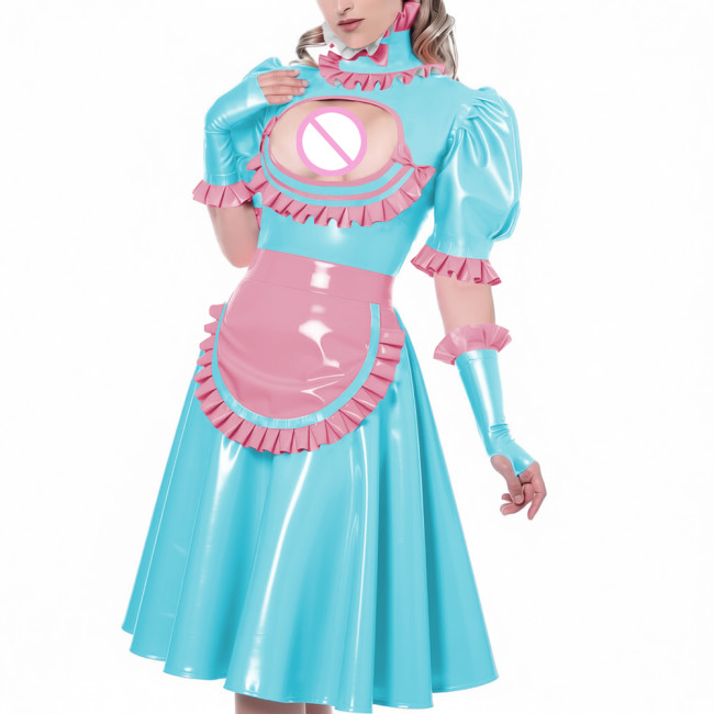 Sexy Hollow Vinyl PVC Leather Maid Dress High Neck Ruffles Trims Puff Sleeve A-Line Dress with Gloves Apron Naughty Maid Uniform