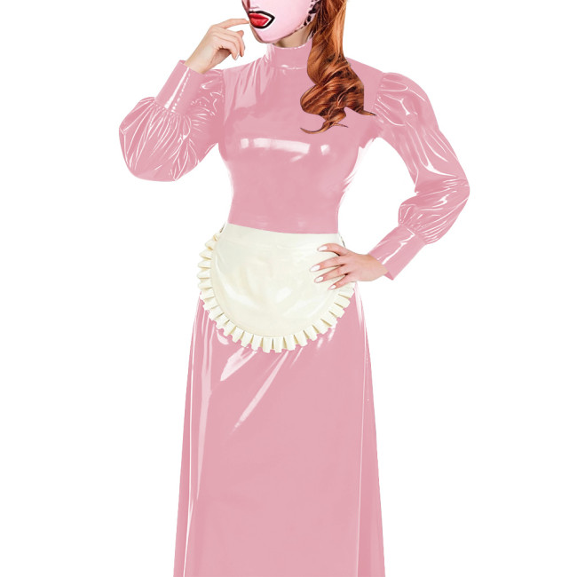 Elegant Long Maid Dress with Apron High Neck Long Sleeve PVC Shiny Leather Maid Dresses Cosplay Sissy Servants Wetlook Uniforms