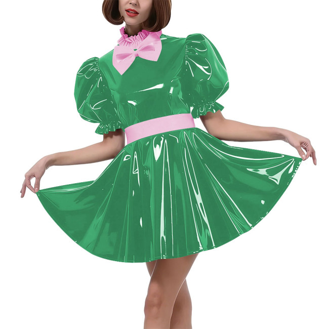 Sweet Bow Lolita Pleated Mini Dress Women Puff Sleeves Maid Cosplay Costume PVC Patent Leather Party Dress Outfit Crossdressring