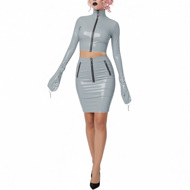 Shiny PVC Leather Club 2-Piece Set High Neck Full Sleeve Crop Top with Bodycon Pencil Skirt Novelty Chic Dress Outfits for Party