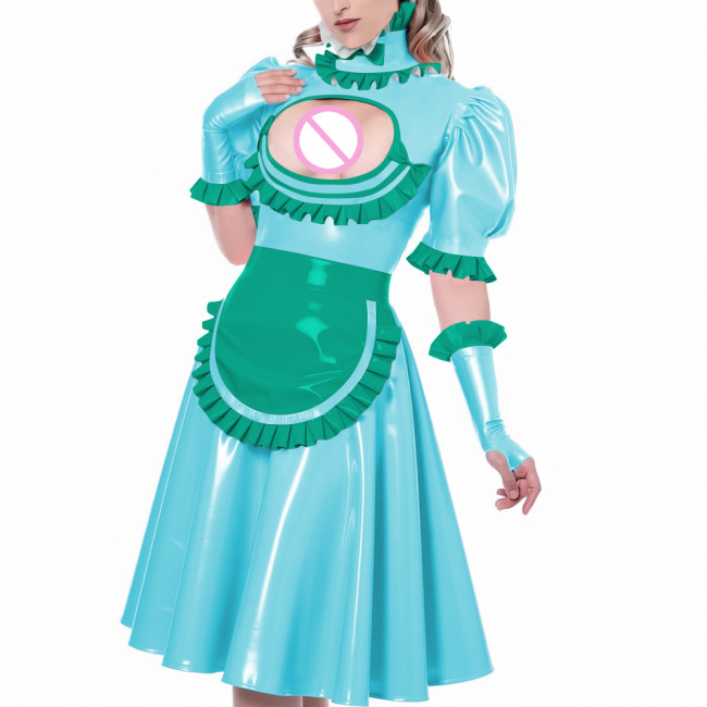 Sexy Hollow Vinyl PVC Leather Maid Dress High Neck Ruffles Trims Puff Sleeve A-Line Dress with Gloves Apron Naughty Maid Uniform