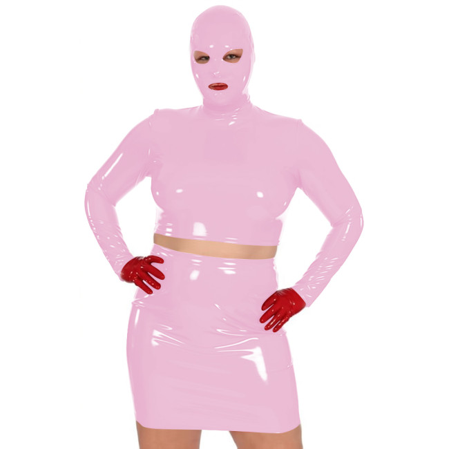 Novelty Women Glossy PVC Leather Masked Top Mini Skirt Club Cosplay 2Pc Sets Sexy Long Sleeve Crop Tops with High Waisted Skirts