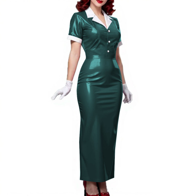 Plus Size Women Shiny Patent Leather Long Dresses Short Sleeve Turn-down Collar Ladies Slim Dress Button-up PVC Pencil Dress