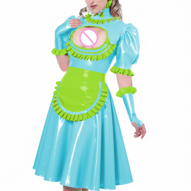 Sexy Hollow Vinyl PVC Leather Maid Dress High Neck Ruffles Trims Puff Sleeve A-Line Dress with Gloves Apron Naughty Maid Uniform