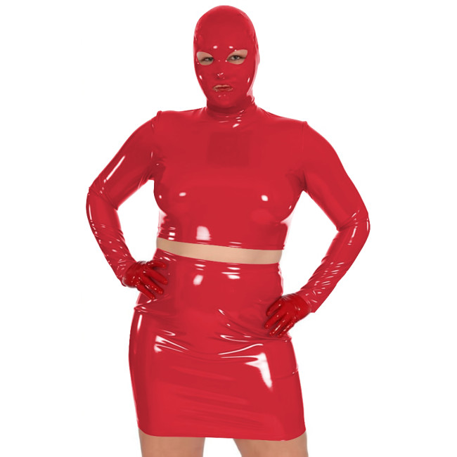 Novelty Women Glossy PVC Leather Masked Top Mini Skirt Club Cosplay 2Pc Sets Sexy Long Sleeve Crop Tops with High Waisted Skirts