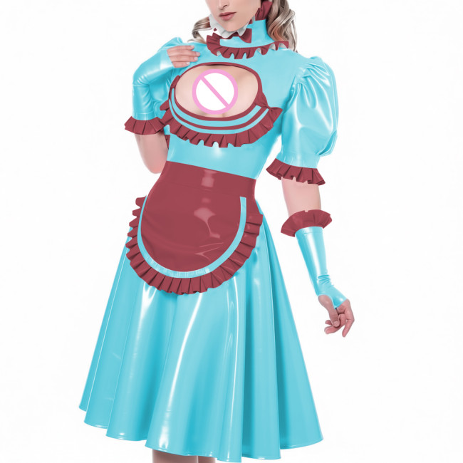 Sexy Hollow Vinyl PVC Leather Maid Dress High Neck Ruffles Trims Puff Sleeve A-Line Dress with Gloves Apron Naughty Maid Uniform