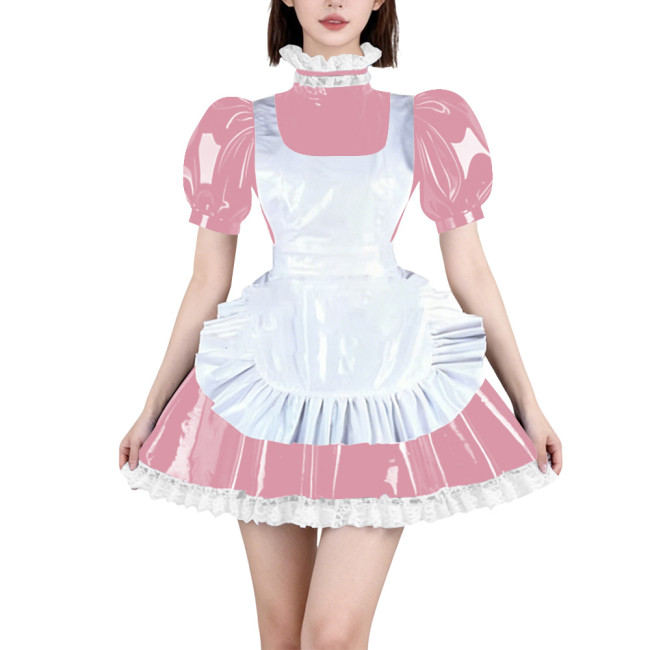 Womens French Maid Cosplay Mini Dress Puff Short Sleeve High Neck Lace Trim Dress with Apron Halloween Carnival Party Costume