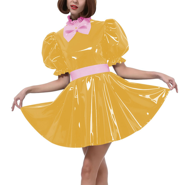 Sweet Bow Lolita Pleated Mini Dress Women Puff Sleeves Maid Cosplay Costume PVC Patent Leather Party Dress Outfit Crossdressring