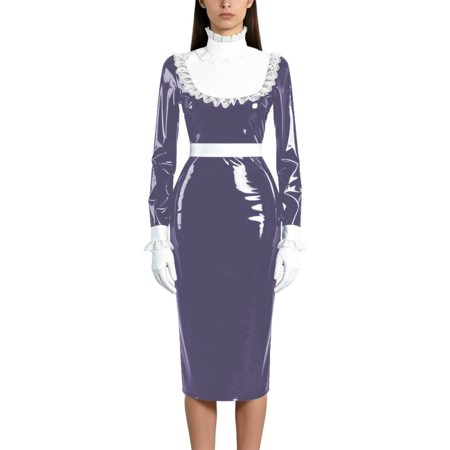 Shiny Wetlook PVC Maid Pencil Dress Elegant Ruffles Collar Long Sleeve Mid Dress Sissy Crossdresser Raves Party Cosplay Dresses