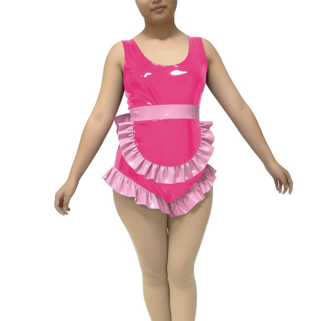 Ruffles Sexy Sleeveless Maid Bodysuit Fetish PVC Glossy Leather High Cut Rompers Sissy Maid Cosplay Leotard Crossdress Lingerie
