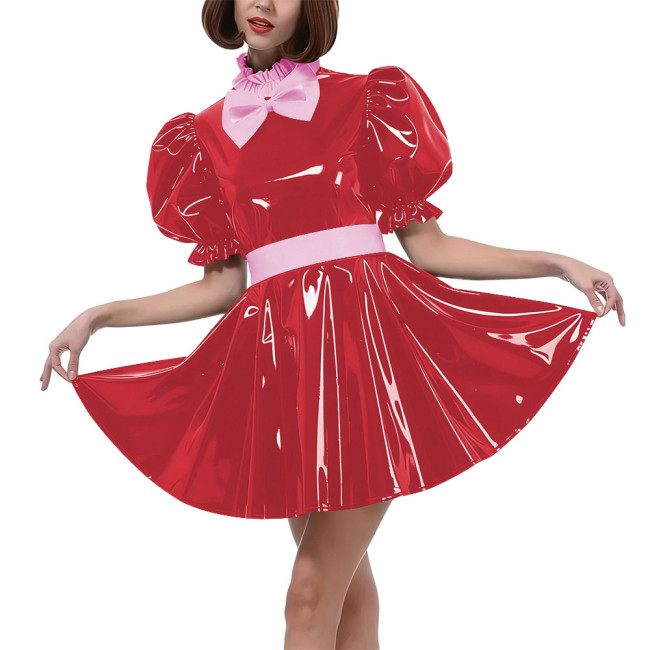 Sweet Bow Lolita Pleated Mini Dress Women Puff Sleeves Maid Cosplay Costume PVC Patent Leather Party Dress Outfit Crossdressring
