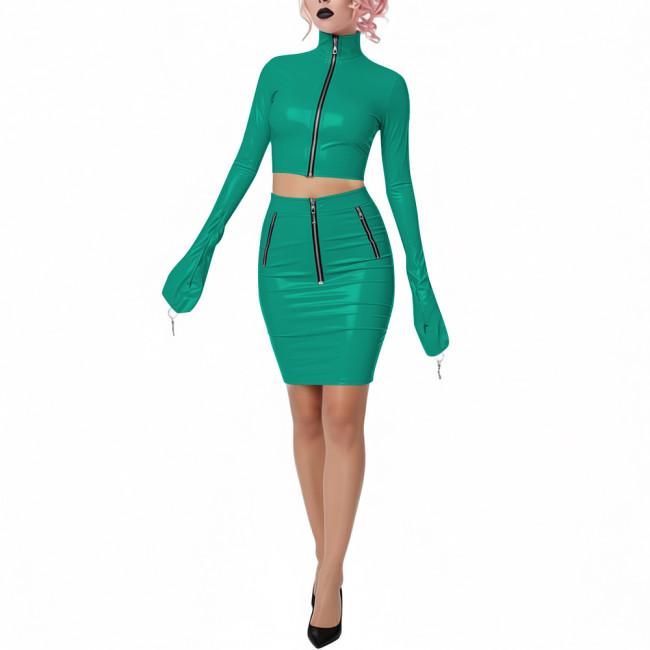 Shiny PVC Leather Club 2-Piece Set High Neck Full Sleeve Crop Top with Bodycon Pencil Skirt Novelty Chic Dress Outfits for Party