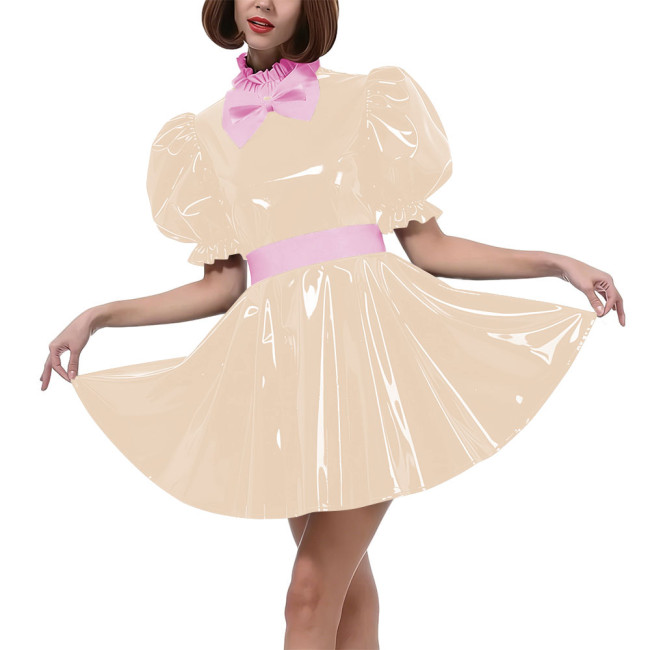 Sweet Bow Lolita Pleated Mini Dress Women Puff Sleeves Maid Cosplay Costume PVC Patent Leather Party Dress Outfit Crossdressring