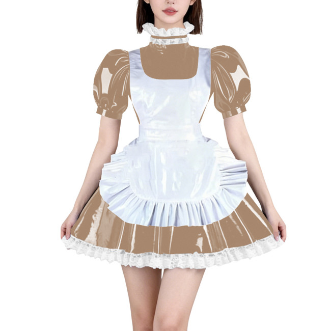 Womens French Maid Cosplay Mini Dress Puff Short Sleeve High Neck Lace Trim Dress with Apron Halloween Carnival Party Costume