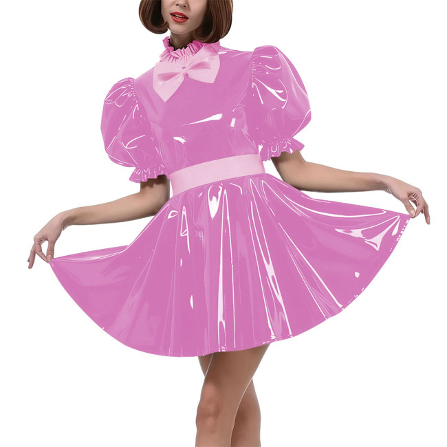 Sweet Bow Lolita Pleated Mini Dress Women Puff Sleeves Maid Cosplay Costume PVC Patent Leather Party Dress Outfit Crossdressring