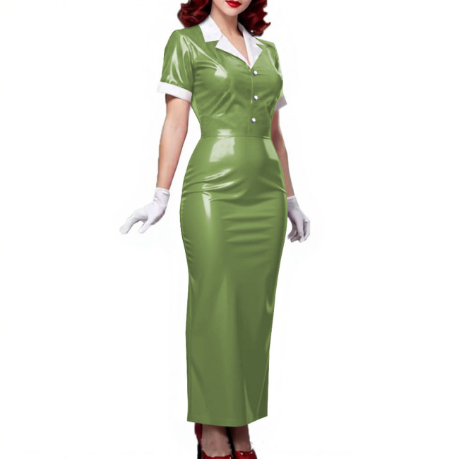 Plus Size Women Shiny Patent Leather Long Dresses Short Sleeve Turn-down Collar Ladies Slim Dress Button-up PVC Pencil Dress