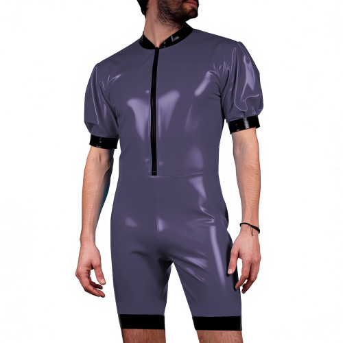 Mens Plus Size Wetlook Shorts Bodysuit PVC Shiny Leather Puff Short Sleeves Rompers Club Underwear Tight Catsuit Male Lingerie