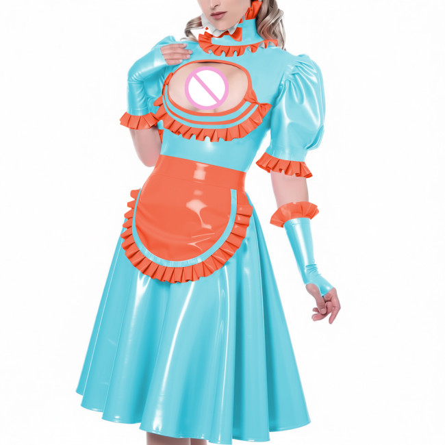 Sexy Hollow Vinyl PVC Leather Maid Dress High Neck Ruffles Trims Puff Sleeve A-Line Dress with Gloves Apron Naughty Maid Uniform