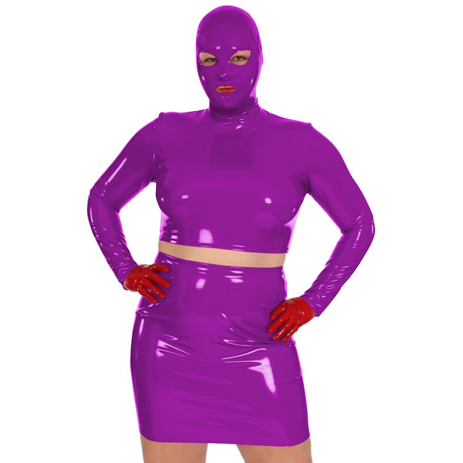 Novelty Women Glossy PVC Leather Masked Top Mini Skirt Club Cosplay 2Pc Sets Sexy Long Sleeve Crop Tops with High Waisted Skirts