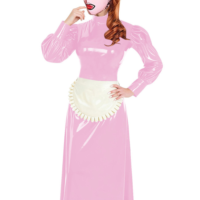 Elegant Long Maid Dress with Apron High Neck Long Sleeve PVC Shiny Leather Maid Dresses Cosplay Sissy Servants Wetlook Uniforms