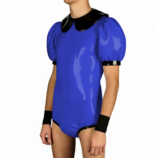 Mens Sissy Doll Collar Puff Short Sleeve Bodysuit Club Patchwork Glossy PVC Leather Rompers Halloween Party Suit Cosplay Leotard