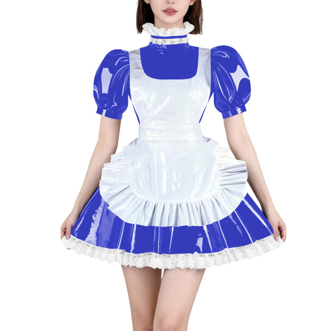 Womens French Maid Cosplay Mini Dress Puff Short Sleeve High Neck Lace Trim Dress with Apron Halloween Carnival Party Costume