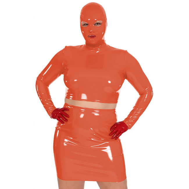 Novelty Women Glossy PVC Leather Masked Top Mini Skirt Club Cosplay 2Pc Sets Sexy Long Sleeve Crop Tops with High Waisted Skirts
