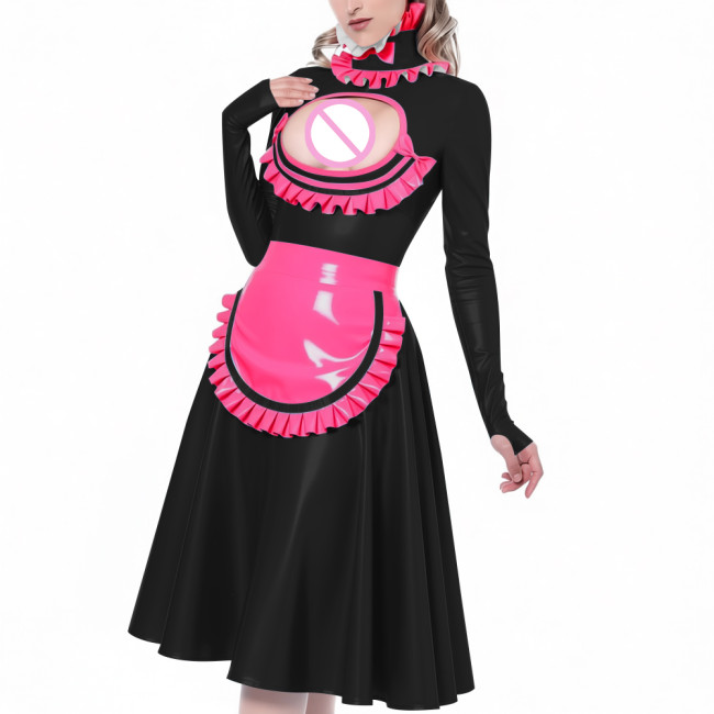 Exotic Hollow Lolita Maid Uniforms Ruffles High Neck Cosplay French Maid Apron Midi Dress Glossy PVC Leather Roleplay Costume