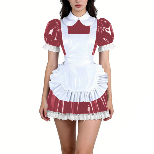 Fetish Sweet Maid Dress Outfits Party Anime Cosplay Puff Sleeve Mini Dress with Apron Sissy Lace Trims Roleplay Maid Uniforms