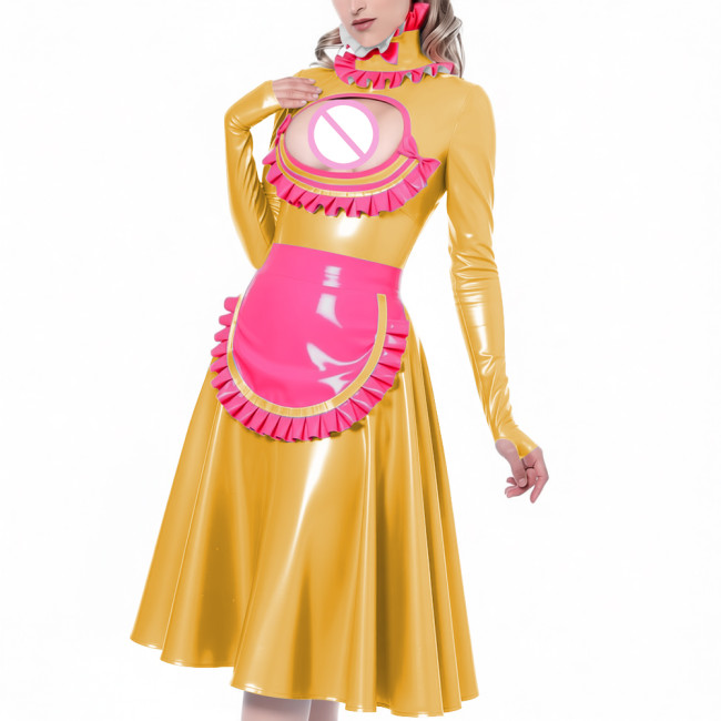 Exotic Hollow Lolita Maid Uniforms Ruffles High Neck Cosplay French Maid Apron Midi Dress Glossy PVC Leather Roleplay Costume